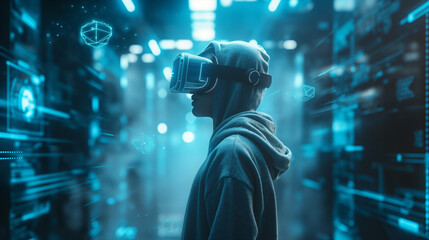 Person wearing VR headset in a futuristic digital environment.