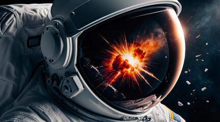 Closeup of an astronaut, with the helmet reflecting an explosion in space.