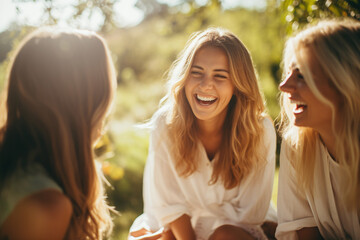 Three Young Women Laughing Together in a Park, Enjoying Outdoor Leisure and Fresh Air in a Joyful and Carefree Moment