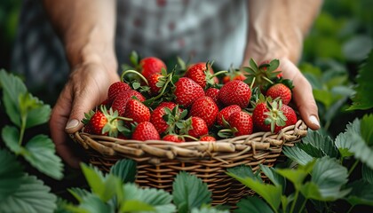 A man holds a ripe red strawberry in a basket