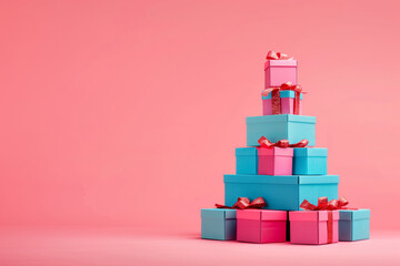 A colorful stack of gift boxes arranged in the shape of an isolated pyramid on a solid color background, symbolizing special Eden's Day. The bright pink base is complemented by vib