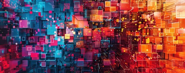 Vivid abstract digital art with colorful geometric shapes and glowing lights, illustrating modern technology and creative innovation.