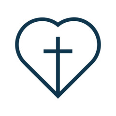 Heart linear icon. Black silhouette of heart containing a Christian cross, symbolizing the christian faith and love. Vector illustration
