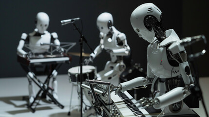 Obraz premium Multiple humanoid AI robots are playing on classic musical instruments