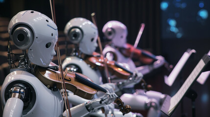 Fototapeta premium Multiple humanoid AI robots are playing on classic musical instruments