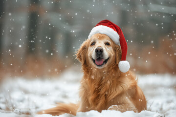 Smiling and happy Golden Retriever in the snow and wearing a Santa hat, copy space