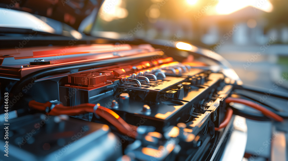 Poster close-up of a car engine with red lighting and detailed components.