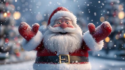  cute smiling santa claus with his hands up, standing in the snow. soft lighting and a blurred background create an atmosphere suitable for christmas cards or postca