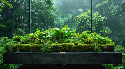Naklejka premium Sleek display countertop covered in verdant plants