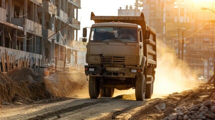 Construction truck transporting materials to a job site.