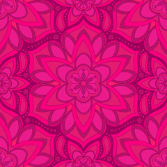 Seamless pattern with Indian floral ornament for fabric swatch or wrapping paper. Vector vivid abstract kaleidoscopic background