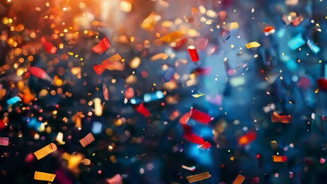Bright colorful confetti sparkles on a black background, the theme of a holiday and a birthday, celebration with confetti, red, gold, dark blue