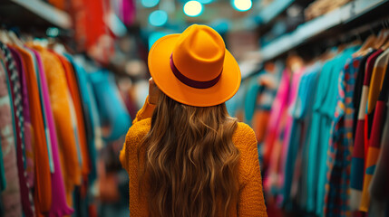 Obraz premium Woman wearing a bright orange hat in a colorful clothing store.