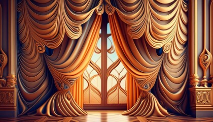 Elegant 3D Flex Wallpaper with Ornate Curtains"