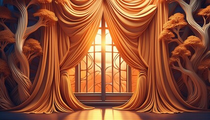 Elegant 3D Flex Wallpaper with Ornate Curtains"