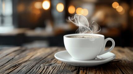 Obraz premium Steaming cup of coffee on a wooden table in a cozy cafe.