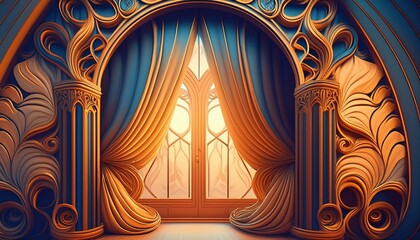 Elegant 3D Flex Wallpaper with Ornate Curtains"