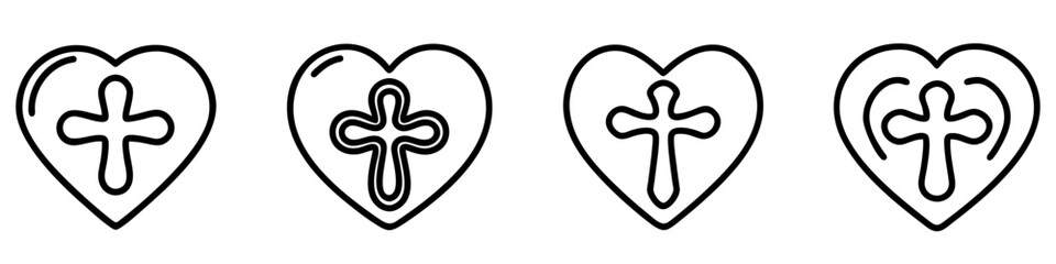 Heart icons set. Black silhouette of heart containing a white christian cross, symbolizing the christian faith and love. Vector illustration