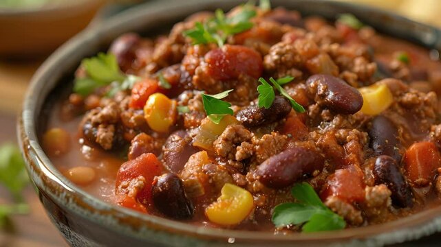 A bowl of hearty chili loaded with beans vegetables and plantbased ground meat simmered in a slow cooker. A comforting and ecoconscious meal for a chilly evening.