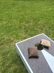 Cornhole game in a backyard close up shot