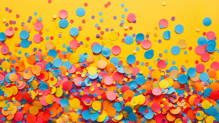 Colorful confetti scattered on a bright yellow background.