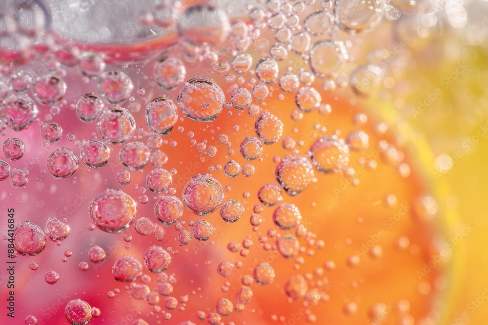 Poster vibrant and refreshing soda bubbles abstract background with orange and pink colors. closeup macro d