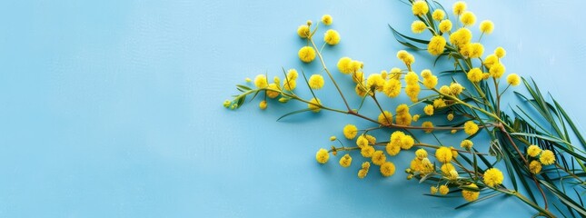 Obraz premium Yellow Mimosa Flowers on Blue Background