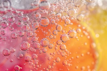 Vibrant and refreshing soda bubbles abstract background with orange and pink colors. Closeup macro detail of fizzy carbonated drink. Translucent texture of effervescence and moisture