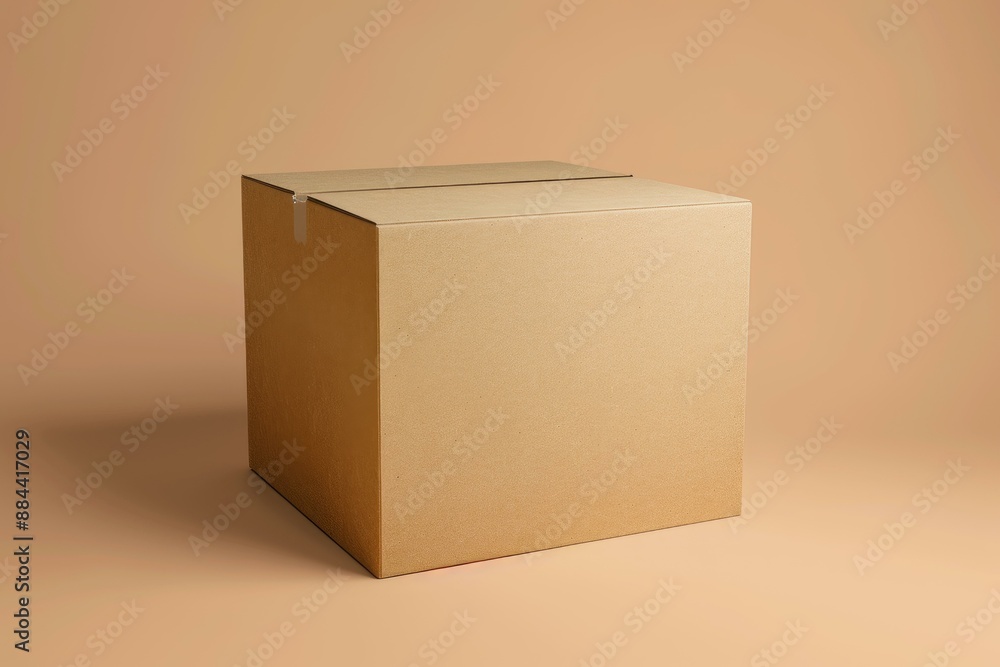 Aufkleber side view of a plain brown cardboard box on a beige background with space for text