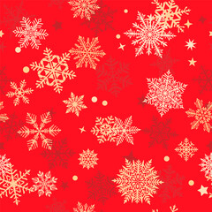 Christmas seamless pattern of beautiful complex white, gray and yellow snowflakes on red background. Winter illustration with falling snow.
