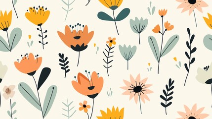 Seamless vector floral pattern with various hand-drawn flowers and leaves in soft pastel colors, perfect for spring or summer designs.