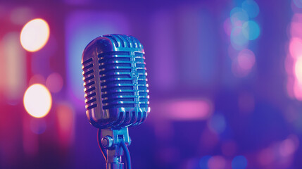 Retro microphone with colorful neon lights in the background.