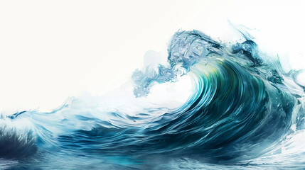 An artistic depiction of a large blue ocean wave with dynamic motion.