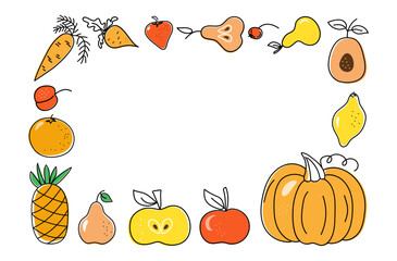 Food frame, set of vegetables, fruits, berries and handwritten calligraphic inscriptions. Harvest. Vegetarianism. Local farmers market and diet food concept. Vector illustration. Isolated background.