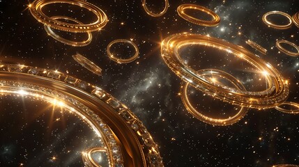 Abstract glowing gold rings in a starry sky.