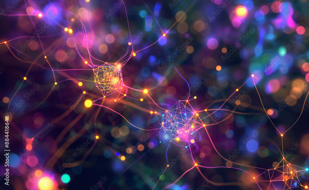 Poster abstract digital network with interconnected glowing nodes in purple and orange hues.