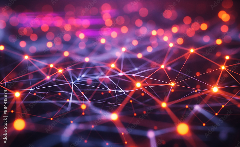 Poster abstract digital network with interconnected glowing nodes in purple and orange hues.