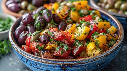 Grilled Peppers and Olives in Bowl