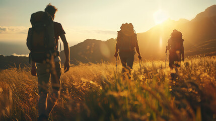 Friends hiking together in the mountains in the vacation trip. Sunlight reflecting in the grass Generative Ai