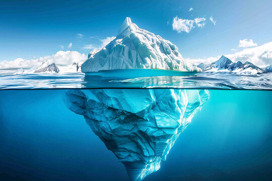 A breathtaking iceberg reflected in the still water under a clear blue sky highlighting its immense underwater portion