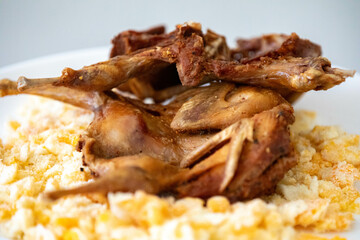 Quail prepared on a plate with pasta and egg crumbs