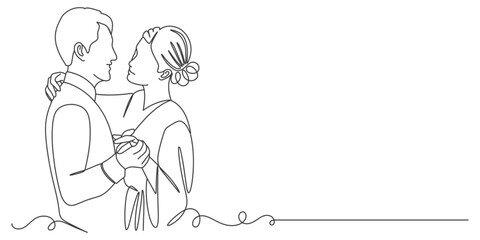 line art drawing woman and man stand in love and dance in wedding celebration. Young married couple lovers with wedding dress. line art style draw design vector graphic