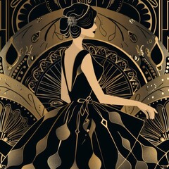 Fashionable lady in a chic dress, flat , art deco style, gold and black, ornate patterns