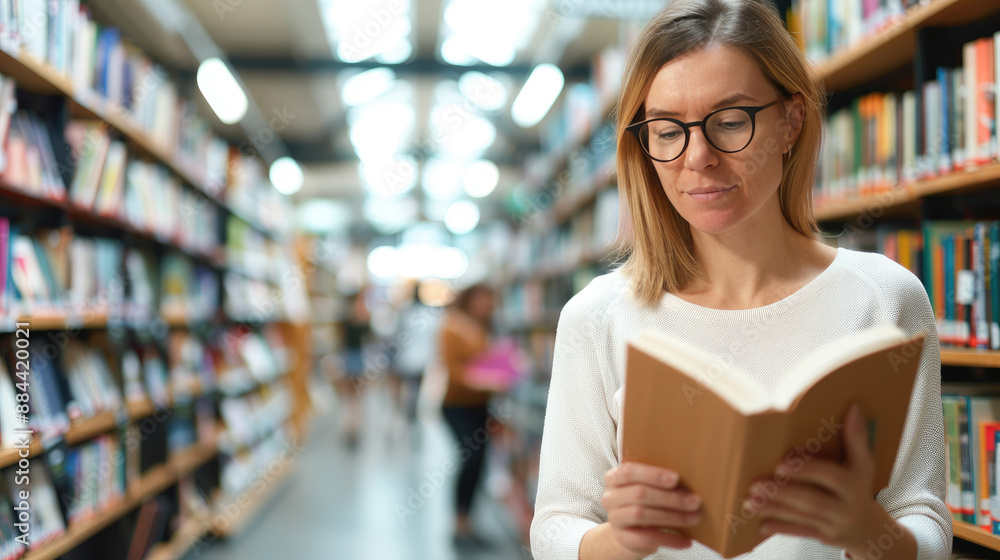 Poster people browsing and reading in a bookstore, community literacy scene with copy space, focus on objec