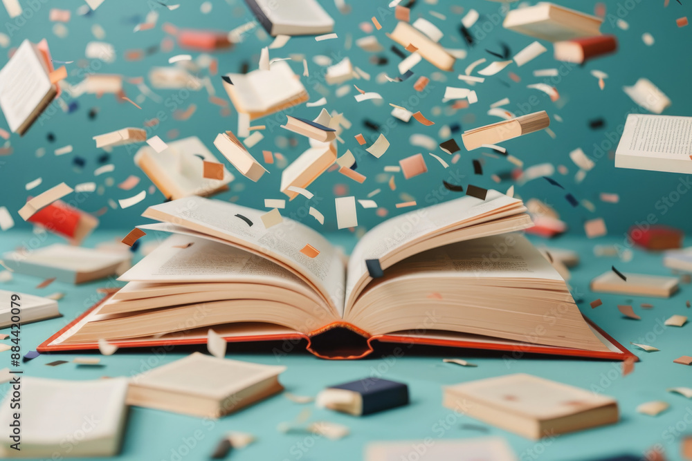 Poster surreal art style with flying books, literacy day concept, knowledge explosion, deep depth of field,