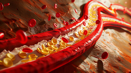 Hyperlipidemia, atherosclerotic plaque. High cholesterol in blood vessel
