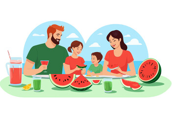 Family of four enjoying a watermelon feast