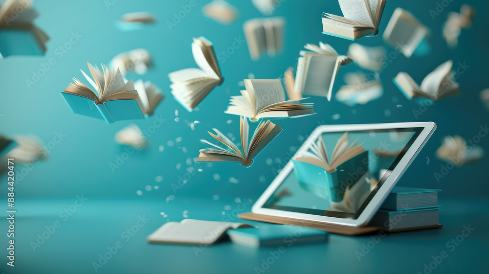 Poster digital tablet surrounded by flying books, modern literacy concept with copy space, focus on all obj