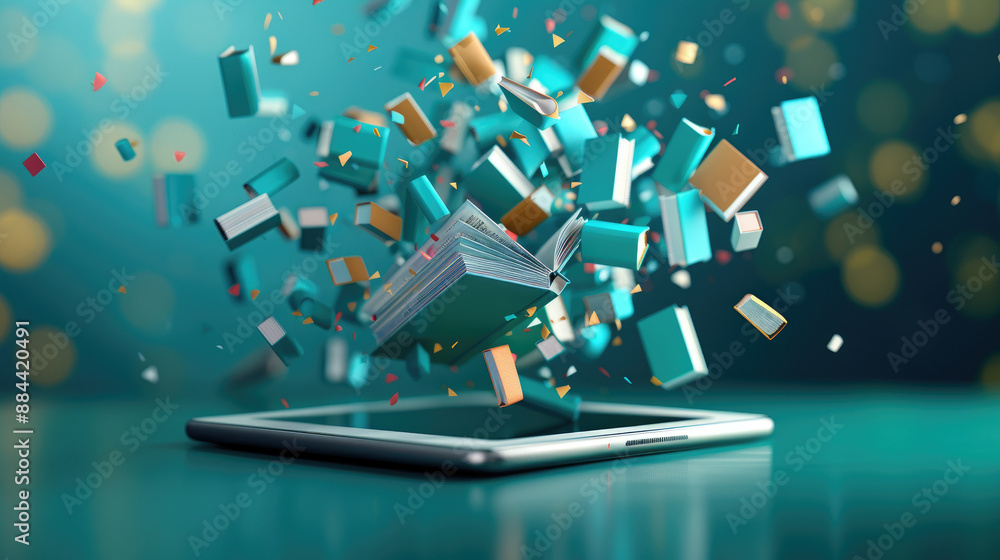 Poster modern literacy concept with digital tablet and flying books, tech theme, copy space, deep depth of 