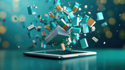 Fototapeta premium Modern literacy concept with digital tablet and flying books, tech theme, copy space, deep depth of field, focus on all objects.